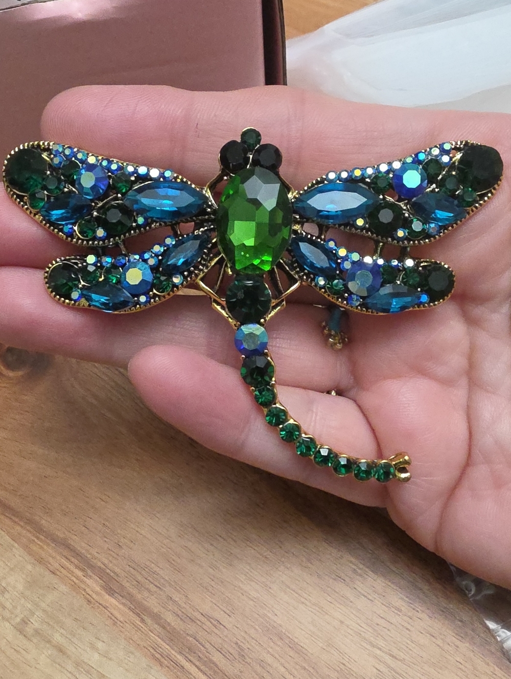 A101- Gorgeous Dragonfly Brooch with Green and Blue Crystals